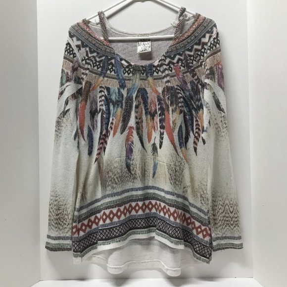 Vocal Watercolor Feather Aztec Print Cold Shoulder Long Sleeve Knit Sweater - Picture 3 of 9